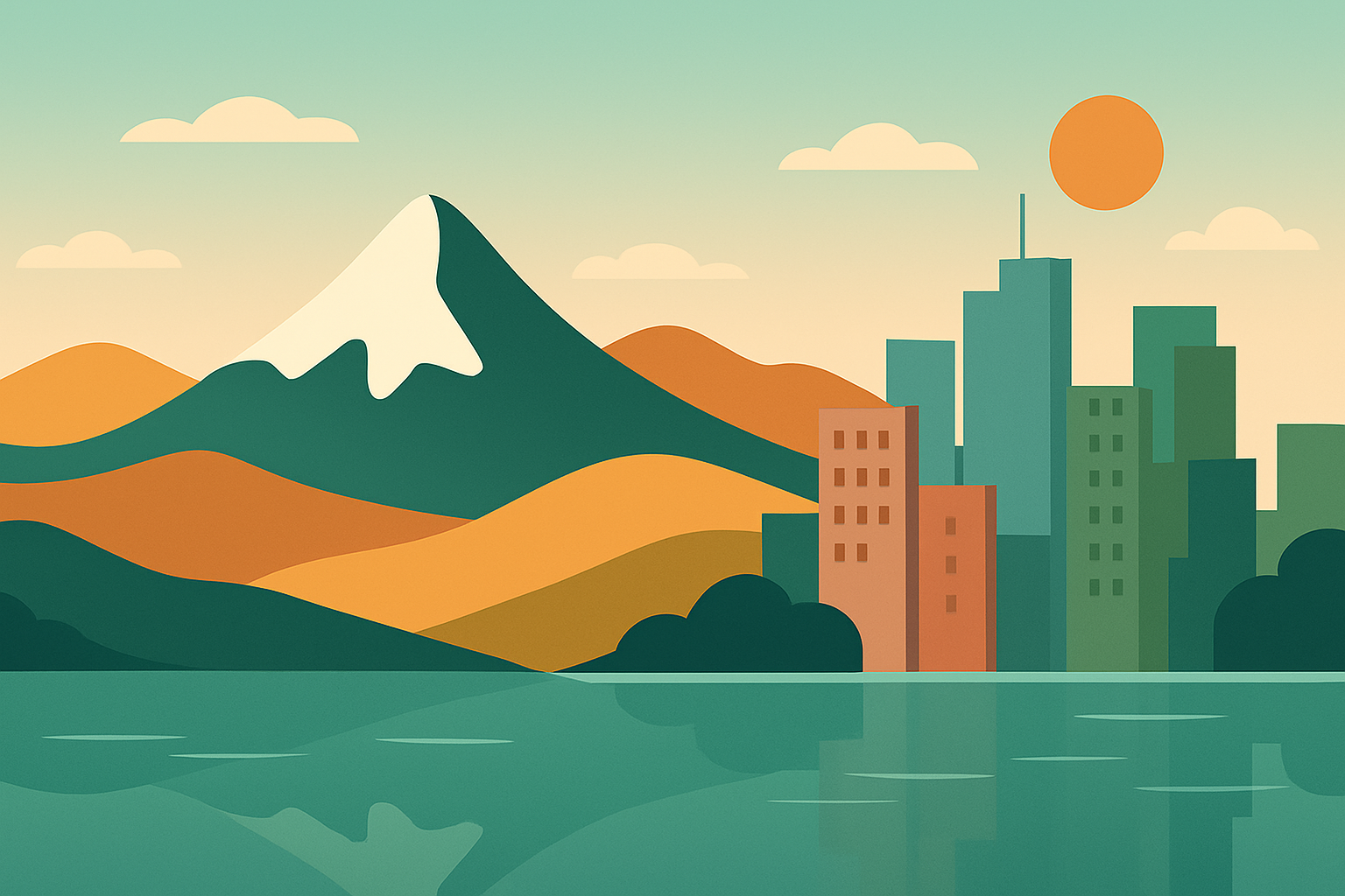Illustration of a cityscape with mountains and water