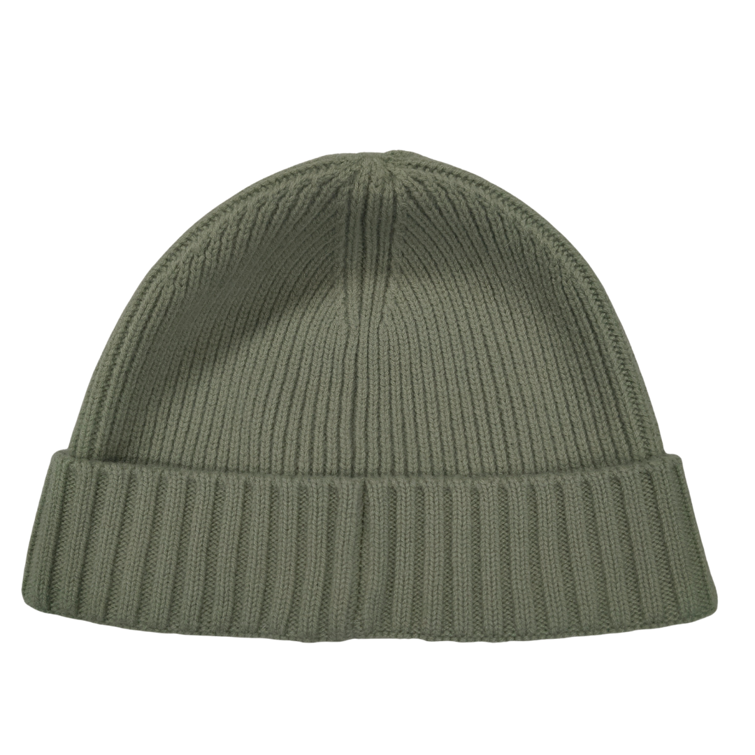 Back view of 100% merino wool eucalyptus green ribbed knit beanie showing clean, minimalist design with no logo