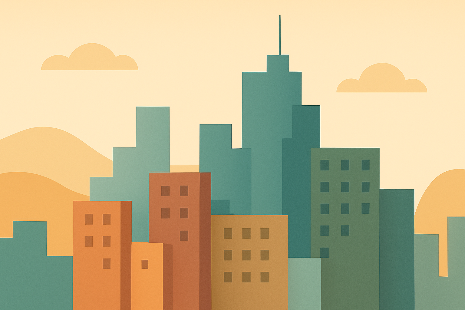 Illustration of a city skyline with various buildings against a beige sky.