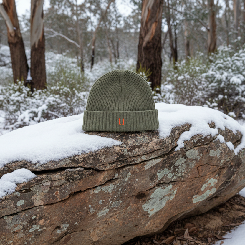 Front view of 100% merino wool eucalyptus green ribbed knit beanie with bright orange embroidered U logo