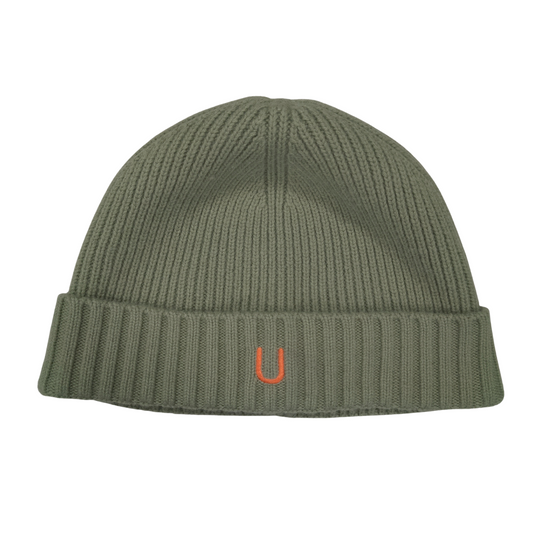 Front view of 100% merino wool eucalyptus green ribbed knit beanie with bright orange embroidered U logo
